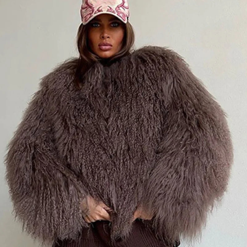 Mongolei Woolen Faux Pelz Jacke Solide Frauen Mode Drehen Unten Kragen Langarm Strickjacke Kurze Mäntel Dame Täglichen Straße Outwears
