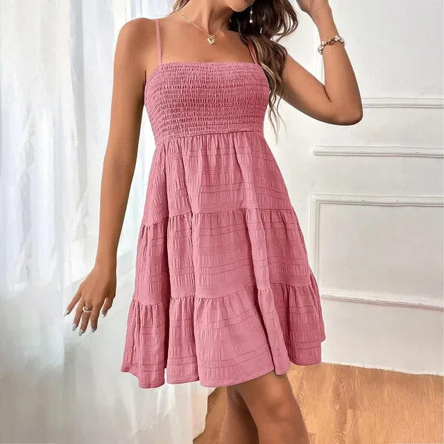 Bohemian Strand Sommerkleid Frauen Sexy Ärmellose Backless Große Schaukel Mini Kleid Solide Spaghetti Strap Rüschen Kleid Sommer Vestidos