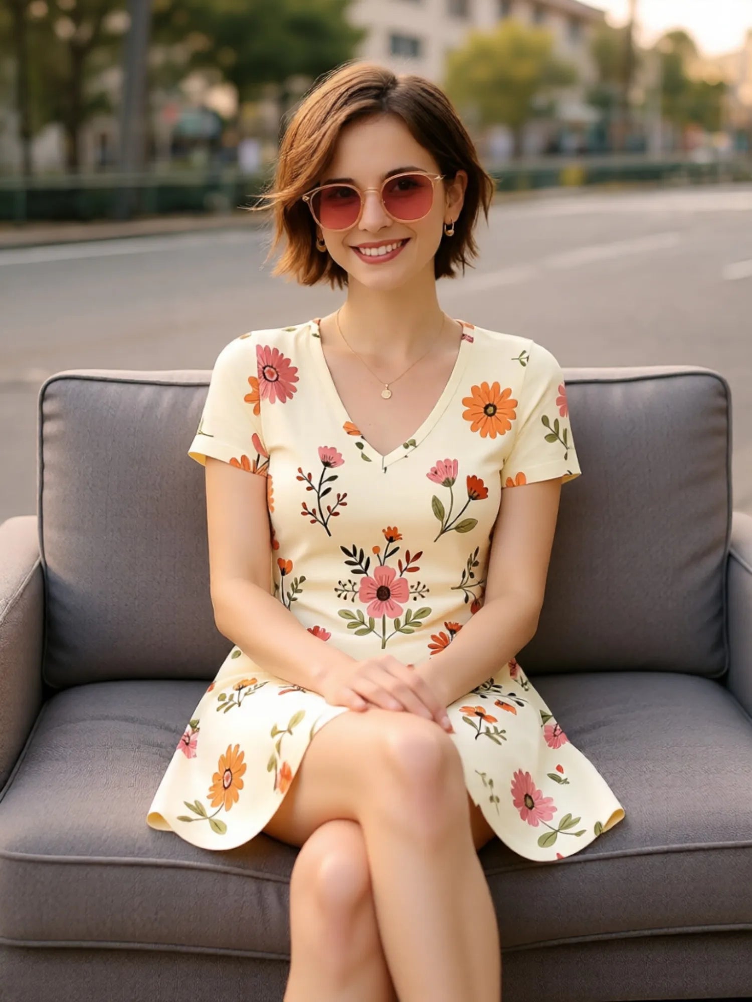 Damen-Minikleid mit V-Ausschnitt und Blumendruck, kurzärmelig, lässig, für den Alltag, Urlaub, Sommerkleid, Outfit, Garderobe, elegant, luftig, weich, bequem, schick