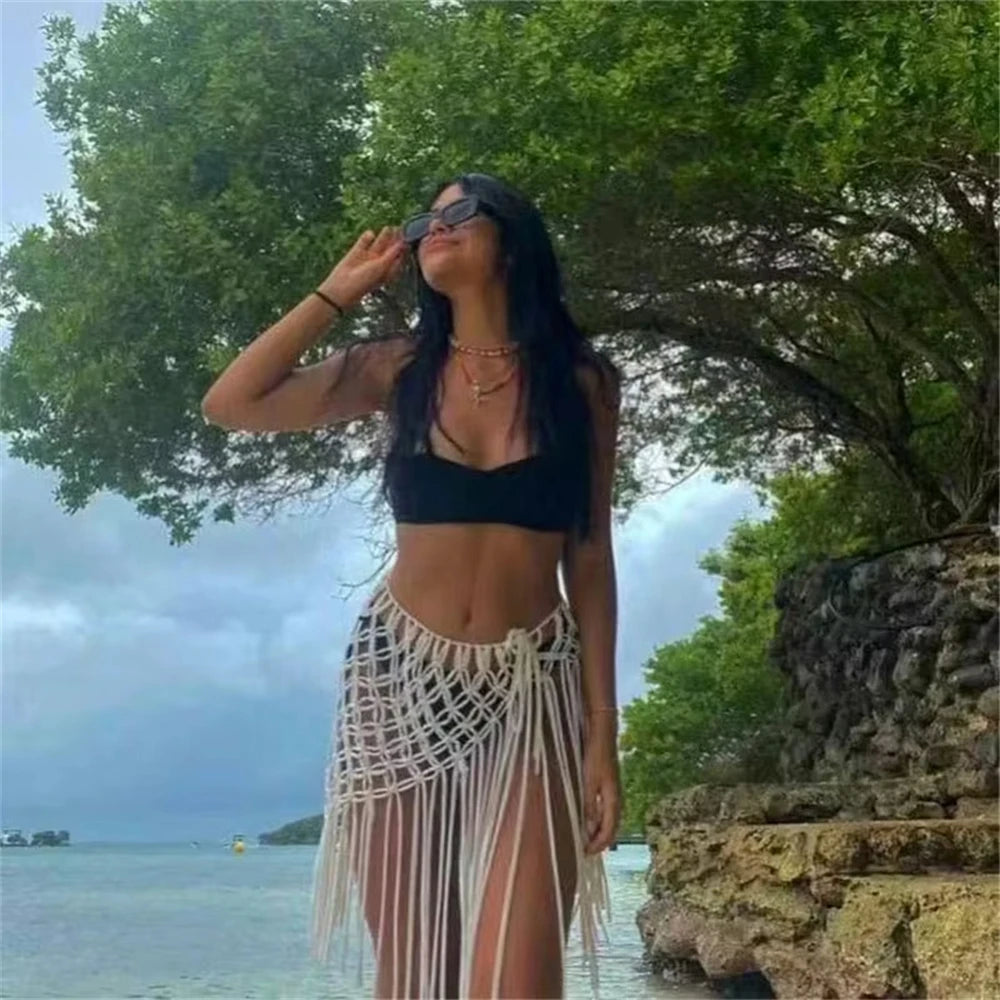 Handgewebter Bikini-Überwurfrock mit Netzfransen am Bund – Festival- und Streetwear-Accessoire für Anzüge und Jeans