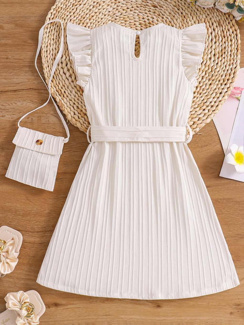 Frühling und Sommer Mädchen Mode Urlaub lässig einfarbig Rundhals fliegende Ärmel Kleid Sommerkleidung + kleine Umhängetasche