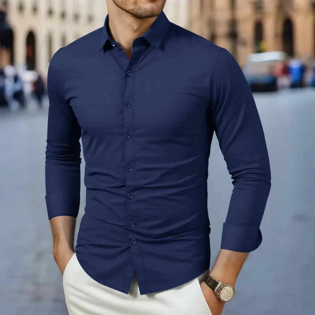Neues, langärmliges, einfarbiges Business-Casual-Hemd für Herren, knitterfrei, knitterfrei, bequem, vielseitiges Oberteil für die ganze Saison