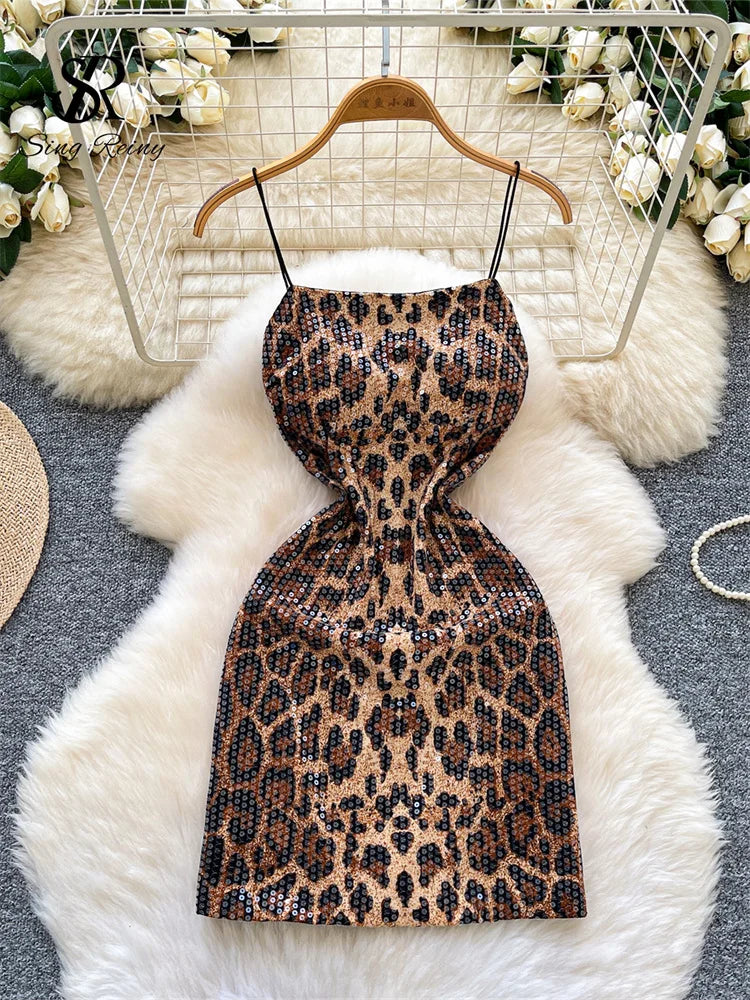 SINGREINY Sexy Leopard Frauen Kleid 2026 Sommer Trendy Nacht Club Party Sling Spicy Girl Pailletten Glitter Bodycon Mini Kleider