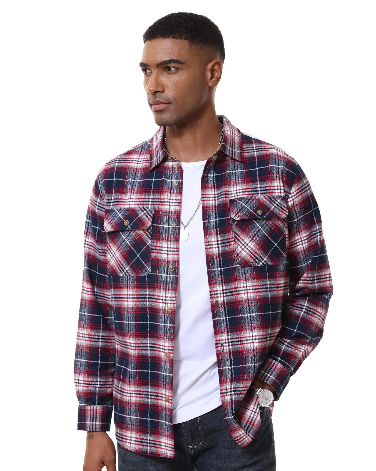 MAGCOMSEN Flanellhemden für Herren, langärmelig, Baumwolle, langärmelig, kariertes Hemd mit 2 Taschen, Knopfleiste, lässiges Cordhemd für Herren