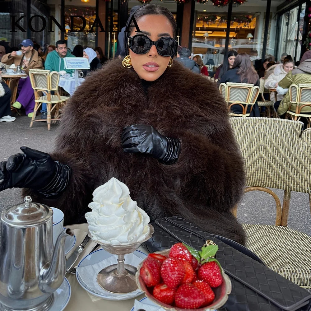 KONDALA 2025, Herbst und Winter, lässig, Kunstpelz, braun, für Damen, warme Jacken, Streetwear, Umlegekragen, Weihnachten, übergroße, elegante Mäntel