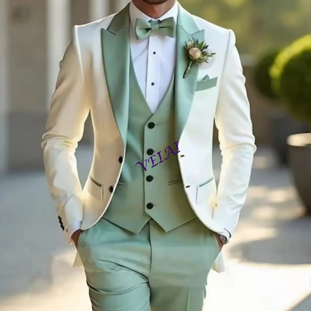 Weißer und mintgrüner formeller Herrenanzug, Bräutigam, Trauzeuge, Hochzeit, Party, Abschlussball, Business, männlicher Smoking, 3-teiliges Set, Blazer, Weste, Hose