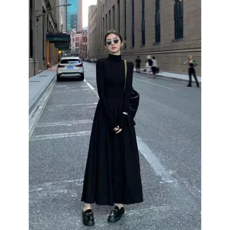 Neue Französisch Stil Temperament frauen High-Grade Schwarz Kleid Hepburn Stil Grau Rollkragen Kleid für Frauen Herbst Winter DF4964