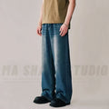 Frühling Herbst männer Neue Denim Hosen Alte Blau Gewaschen Casual Jeans Menwear Lose Neue Mode kontrast farbe Breite Bein Hosen
