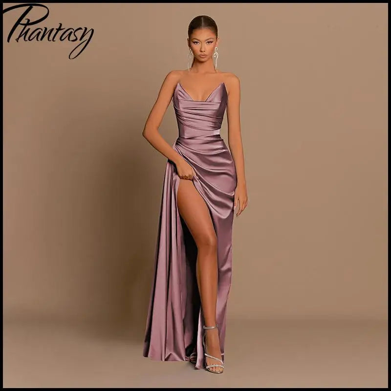 Elegantes Trägerloses Einfarbiges Abendkleid Schickes Satin-Korsettkleid für Damen V-Ausschnitt Geschlitztes Blaues Langes Kleid Damen Sommer-Partykleid
