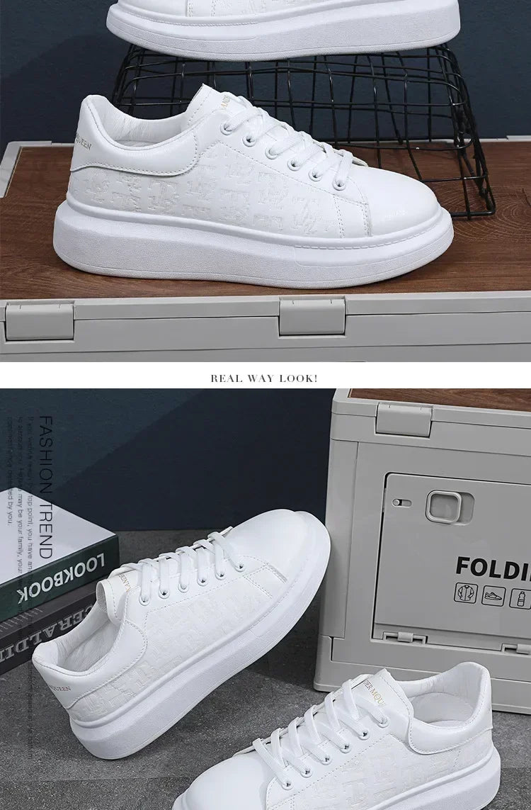 2025, neue Herrenschuhe, Frühling und Herbst, flache Sohlen, lässige Lederschuhe, Sportschuhe, schwarze und weiße Herren-Schuhe mit dicken Sohlen, atmungsaktiv