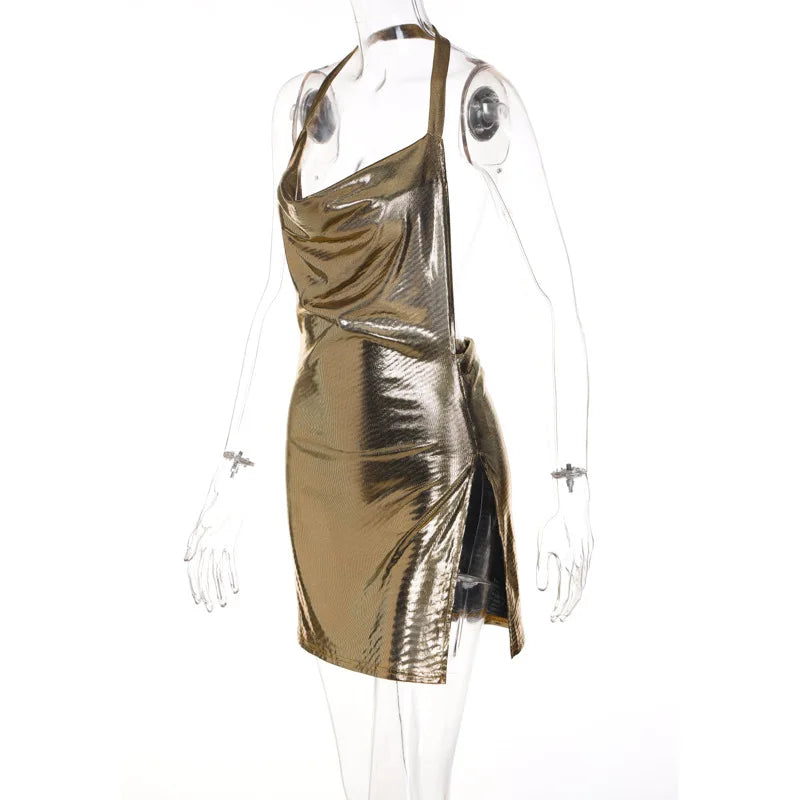 Sexy und modisches Damen-Kleid, elegant, kurz, mit hängendem Hals, rückenfrei, unten auf der Brust, Pailletten, Party-Mädchen-Tanzkleid