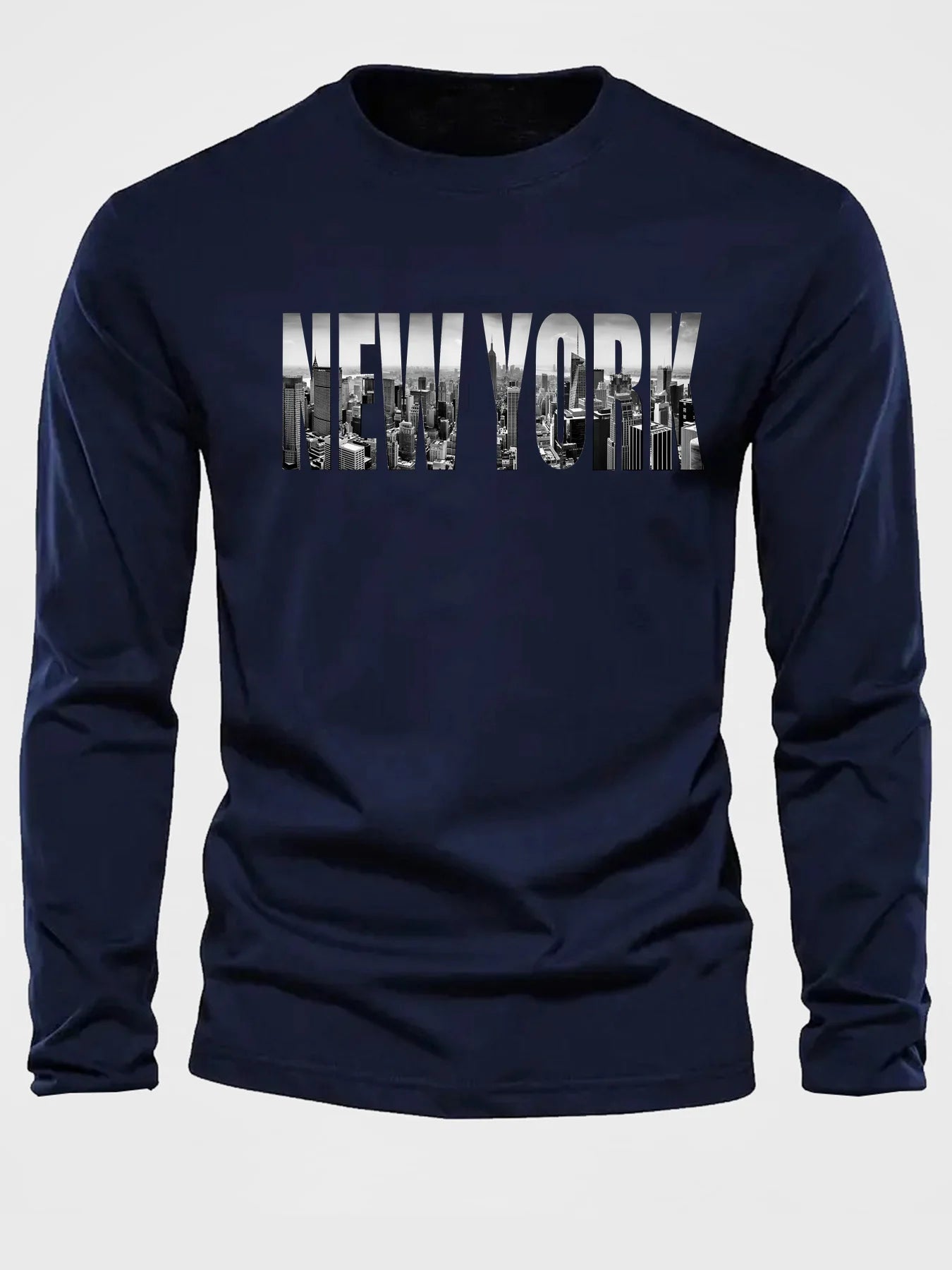Men's 100% pure cotton loose fit plus size comfortable casual sports New York letter printed round neck long sleeved T-shirt top