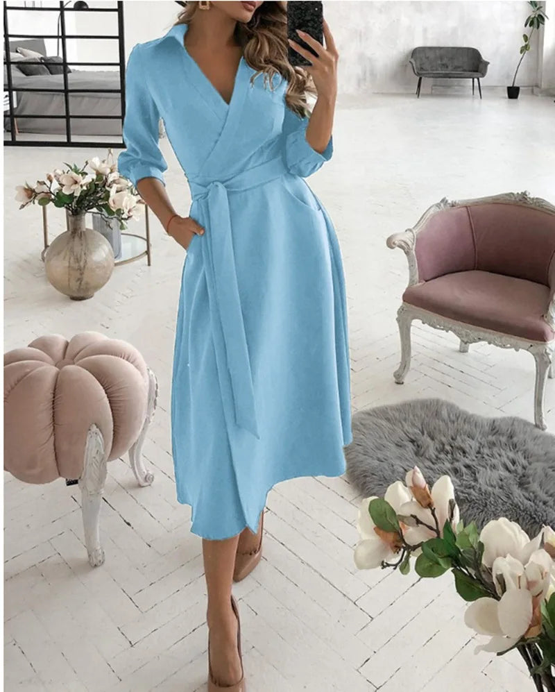 Herbst Neue Casual frauen Mode Lange ärmeln V-ausschnitt Gedruckt Muster Mid-länge Elegante Gedruckt frauen Kleid