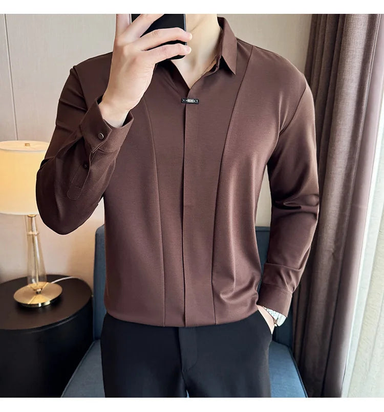 Herren-Poloshirt mit langen Ärmeln, 2026, Frühling, britischer Stil, einfarbig, elastisch, schmale Passform, T-Shirt, formelle Kleidung, Poloshirt, Herrenbekleidung