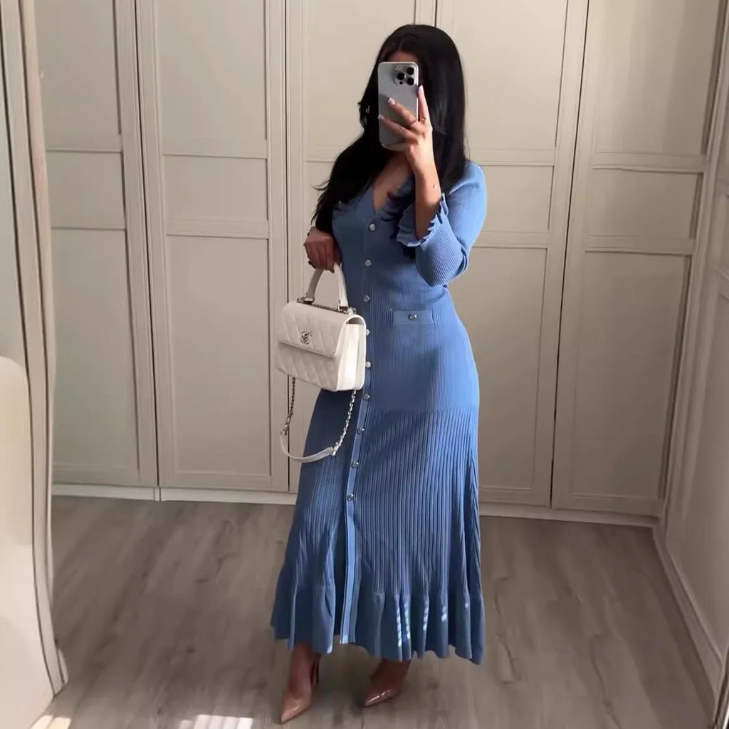 Kleid Frauen Lange Kleider Maxi Einreiher Volle Hülse V-ausschnitt Hohe Taille Schlank Party Herbst Elegante Splice Gestrickte Vestidos