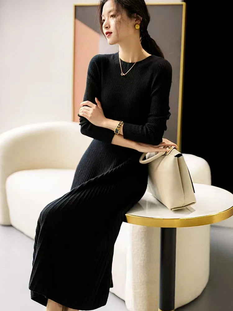 Frühling Herbst Pullover Damen Kleid 100 % Merinowolle Kleid O-Ausschnitt Slim Maxirock Basic Langarm Kleid Sexy Inside Join Dress