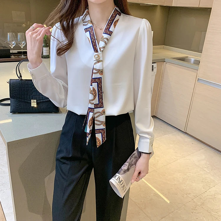 H Han Königin Frühling Chiffon Einfache Büro Dame Bluse Weibliches Hemd Bogen Tops Langarm Casual Koreanische OL Lose Blusen Frauen