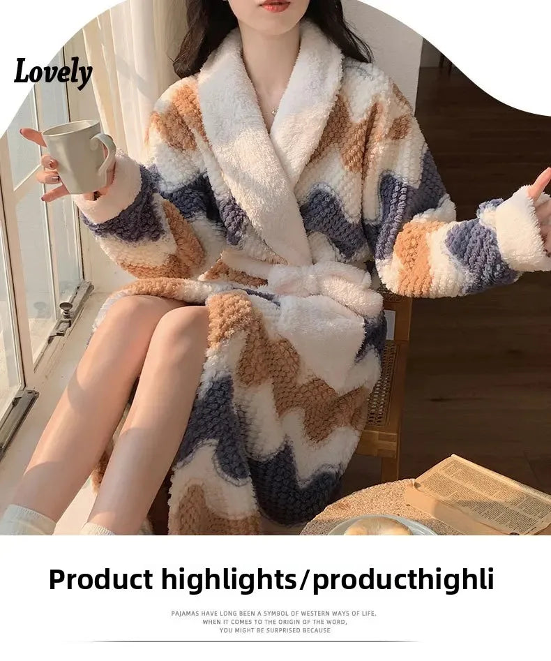 Verdickte Korallen Fleece Robe frauen V-ausschnitt Gürtel Langarm Mid-länge Süße Stil Warme Hause Kleidung Winter Saison