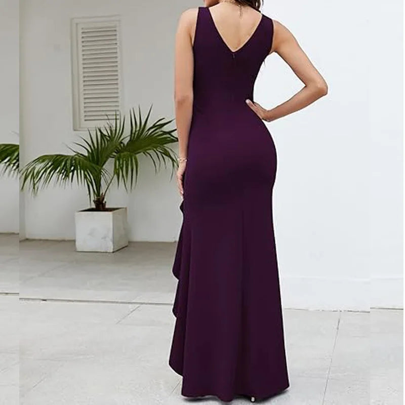 Sexy Schlitz, Rüschen, ärmellos, Abendkleider für Damen, modisch, V-Ausschnitt, schlank, plissiert, elegantes weibliches Maxi-langes Kleid 2025,