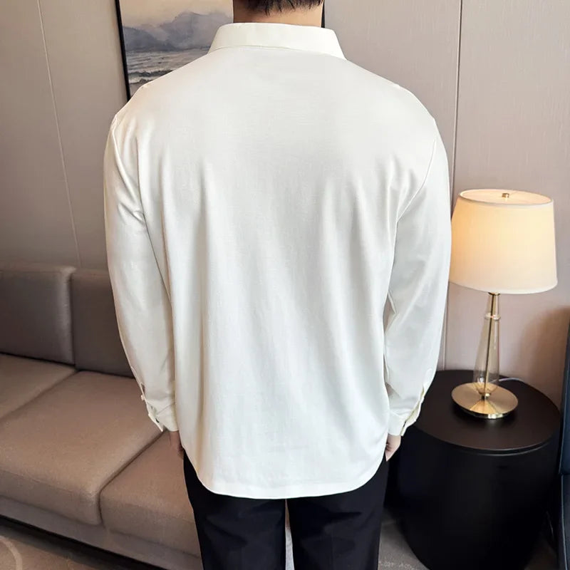 Men Long Sleeved Polo Shirt 2024 Autumn British Style Solid Casual Elastic Slim Fit T-shirt Formal Dress Polo Shirt Men Clothing