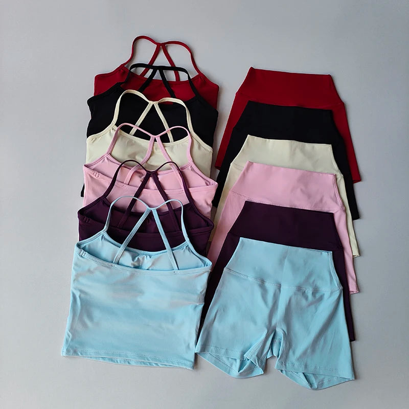 Yoga Gym Set Neckholder Top Set Yoga Hohe Taille Shorts Set Rückenfreie Strumpfhosen BH Weste Nahtlose Stretch Gerippte Gesäß Lift Shorts Set