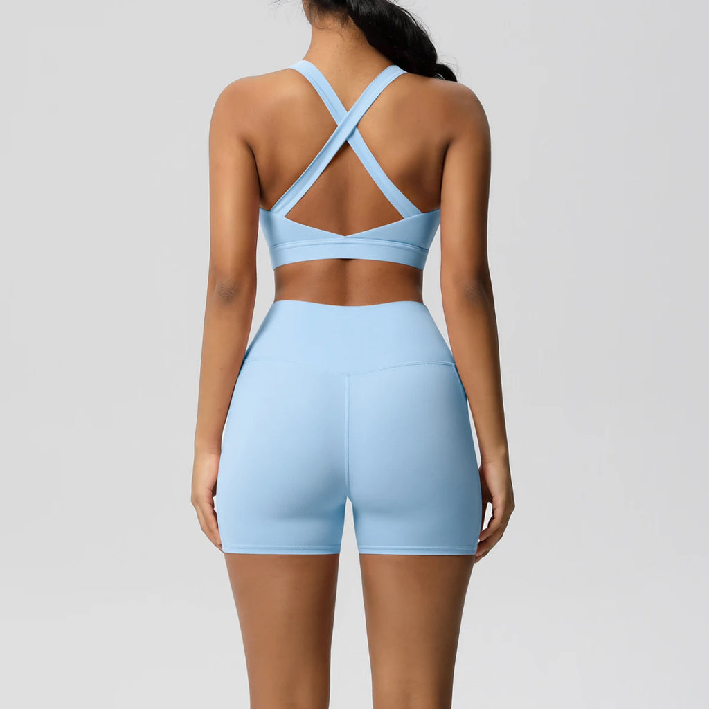 2PCS Sportswear Mit Taschen Yoga Set Gymnastik Kleidung Yoga Anzüge Für Frauen Trainingsanzüge Sport Shorts Crossover Bh Gym Leggings