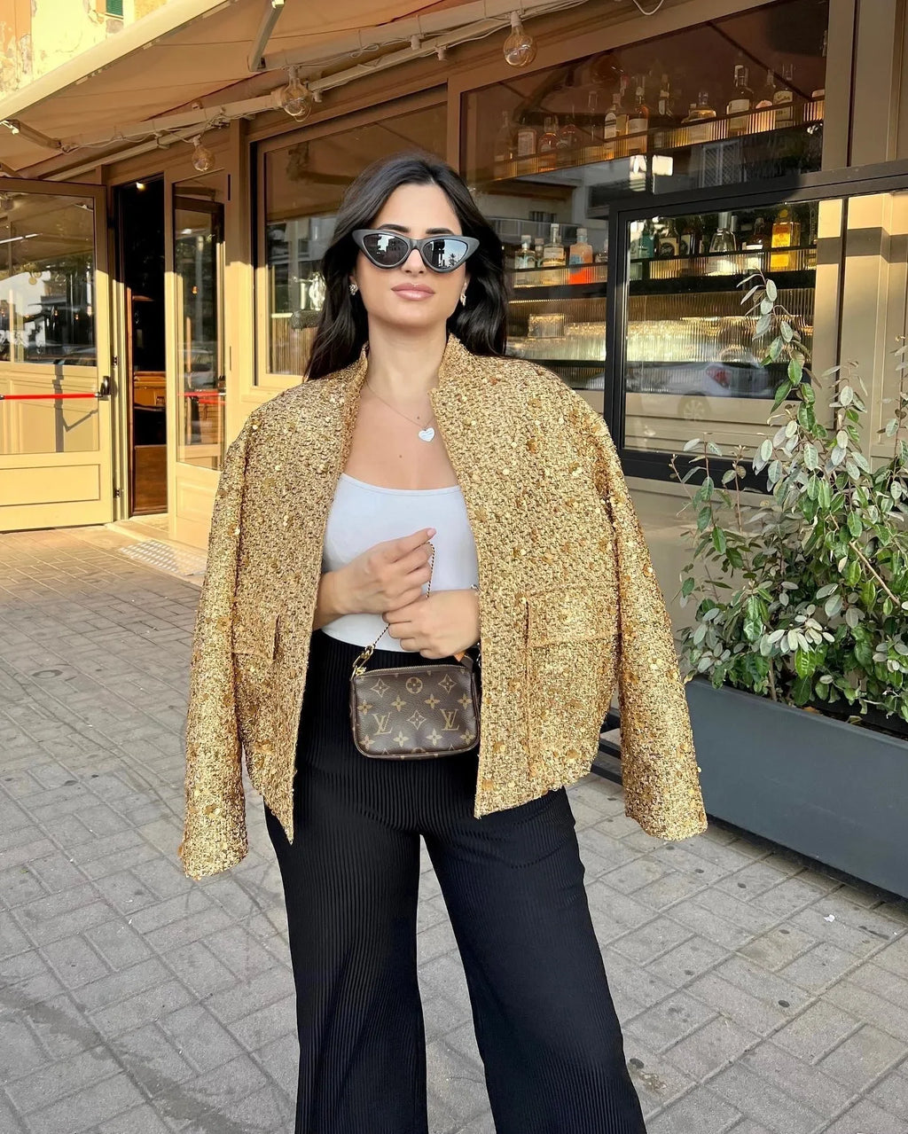 Damen Pailletten Bomber jacke fallen neue Rundhals ausschnitt Langarm Tasche Stretch Saum Pailletten Jacke Mantel weibliche schicke Oberbekleidung