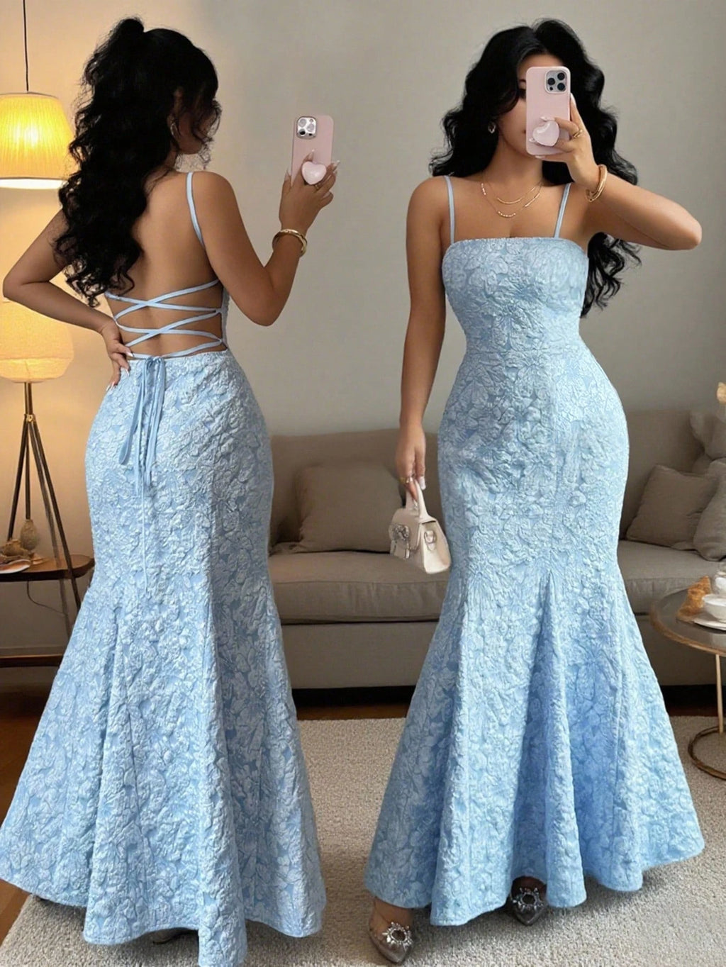 Damen Meerjungfrauenkleid Hellblau mit Spaghettiträgern, rückenfrei, Schnürung, Maxirock, formelles Abendkleid für Frühling und Sommer