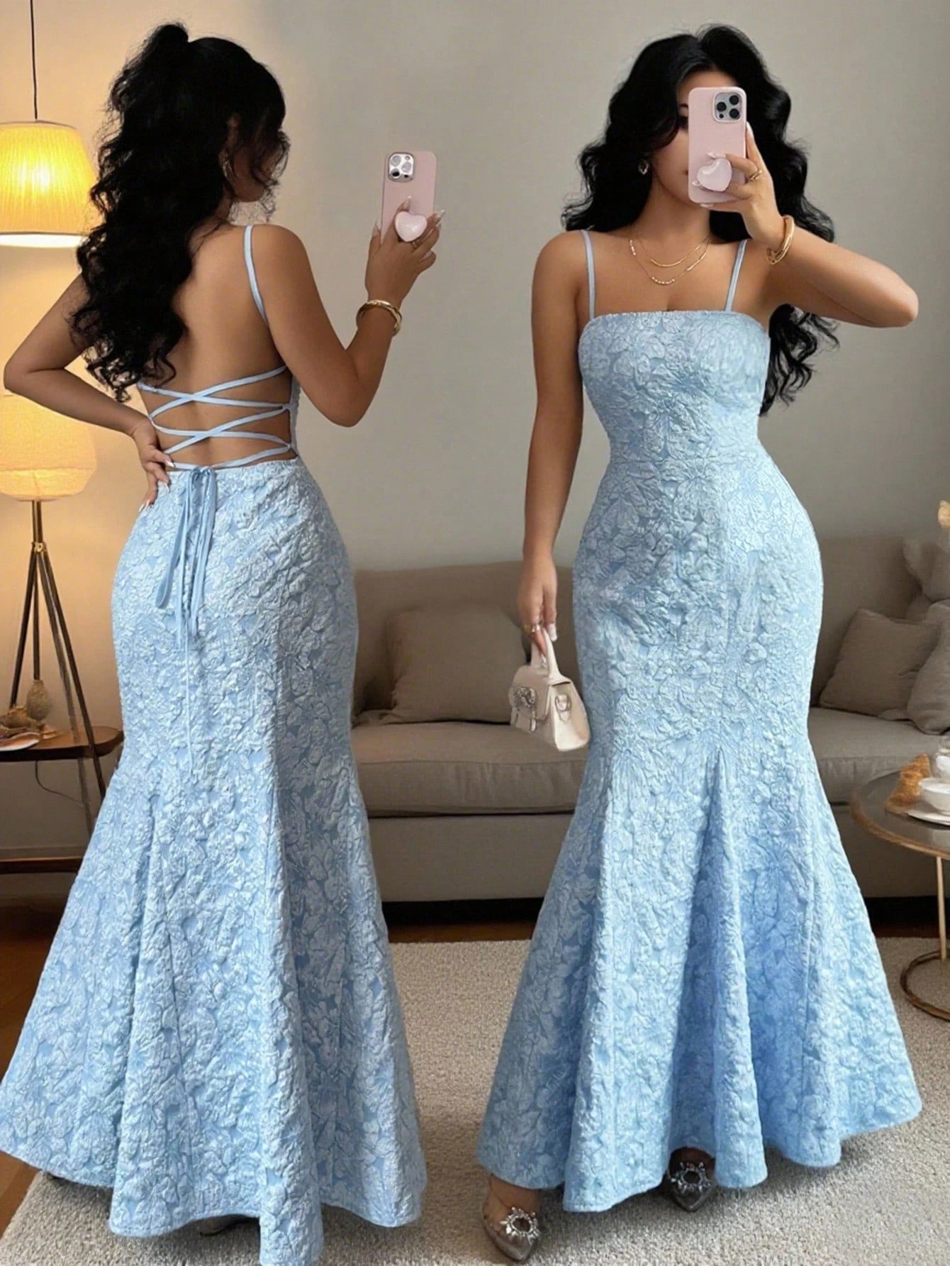 Damen Meerjungfrauenkleid Hellblau mit Spaghettiträgern, rückenfrei, Schnürung, Maxirock, formelles Abendkleid für Frühling und Sommer