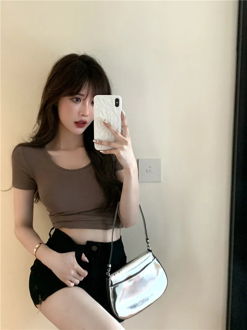 Sommerliche sexy Crop-Tops für Damen, schmal geschnitten, Kpop Y2K Kawaii Gothic T-Shirt, Harajuku Vintage, günstige Kleidung, süße Streetwear-Shirts