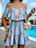 Damenkleid im Europäischen Stil mit Blumenmuster, Ärmelloses Neckholder-Oberteil mit Rüschenkanten, Kurzer Rock für den Sommer