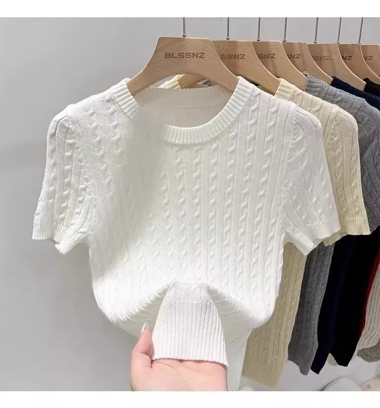 Zjaiss 2026 Sommer Koreanisches Retro Elegantes Textur-Kurzarm-Oberteil mit O-Ausschnitt und Zopfmuster für Damen – Weiches, lässiges, vielseitiges, dünnes T-Shirt