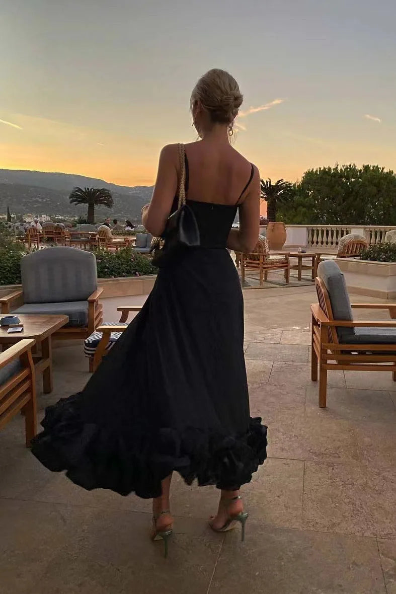 Elegante Rüschen solide Schlinge langes Kleid Frauen Riemen Taille Party Kleider Mode ärmellose rücken freie Strands chaukel Rock A-Linie Tutu