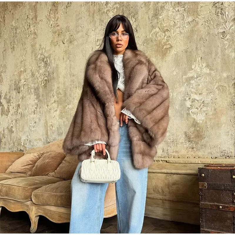 Brauner mittellanger Pelzmantel für Damen, Revers, versteckter Knopf, lockere, elegante Oberbekleidung, 2025, modischer Bürodame, Pendelmantel, Neu