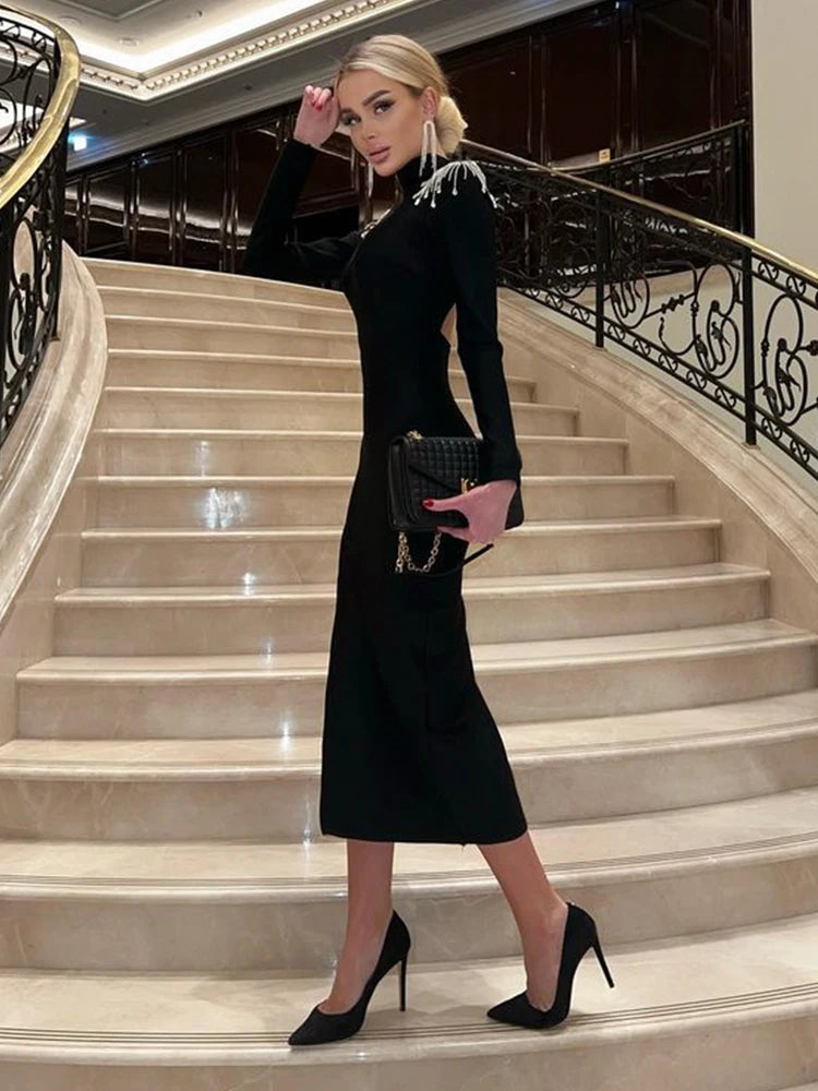 Ahagaga Mode Aushöhlen Frauen Maxi Kleider Sexy Solide Backless Casual Rollkragen Schlank Elegante Bodycon Vestidos Roben Split