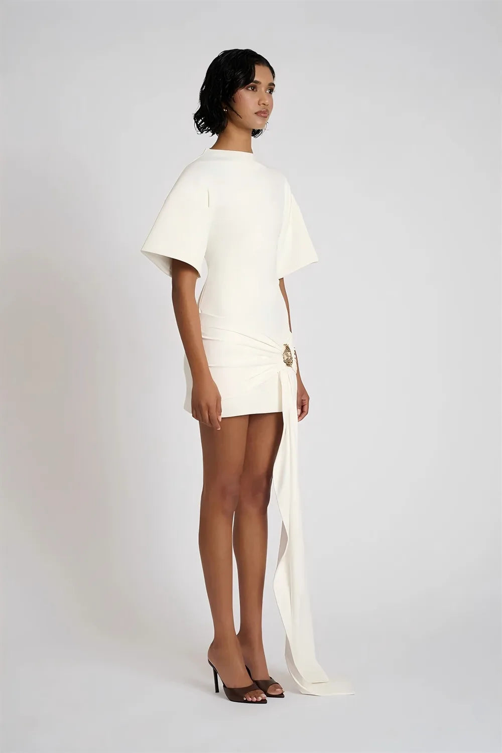Apprabant Women Buckle Ruched Ribbon Mini Dress O-Neck Metal Short Sleeve Solid Color Silm Bodycon Short Dress Casual Partywear