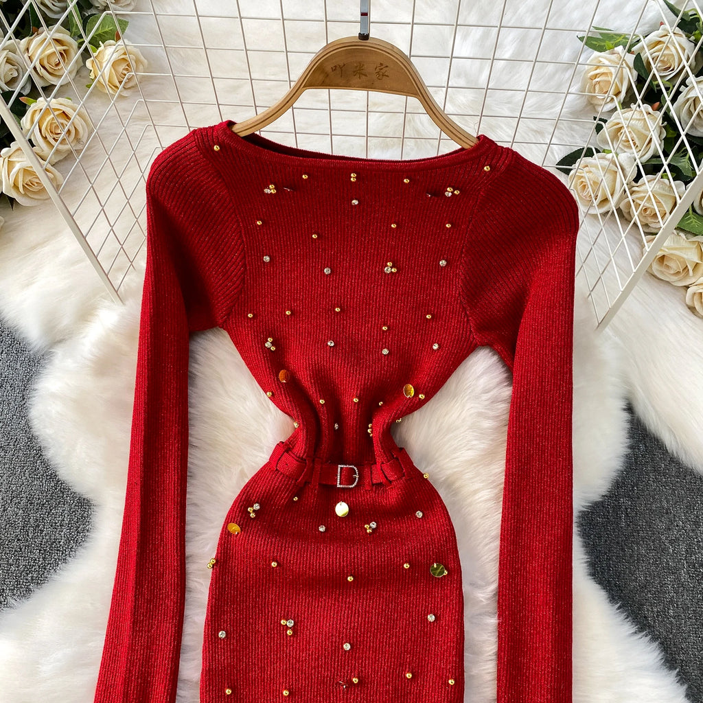Schickes, sexy, elegantes, langärmliges, figurbetontes O-Ausschnitt-Kleid für Damen, koreanische Abendkleider für Modezeremonie