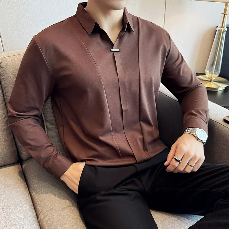 Men Long Sleeved Polo Shirt 2024 Autumn British Style Solid Casual Elastic Slim Fit T-shirt Formal Dress Polo Shirt Men Clothing