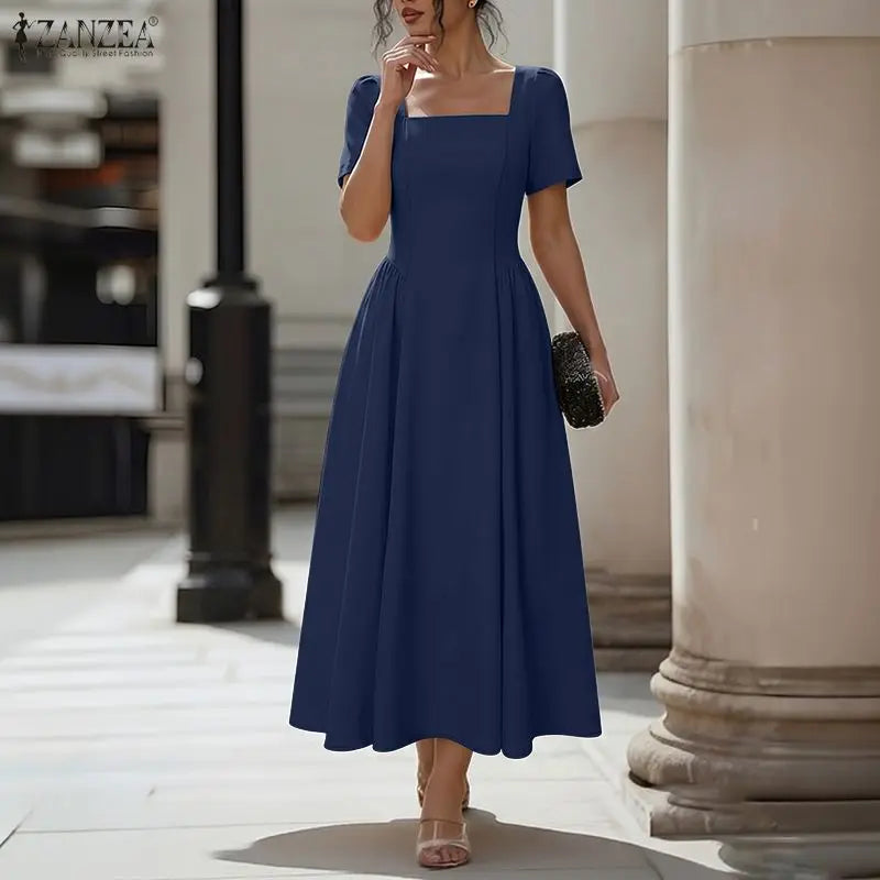 ZANZEA Damen-Maxikleid im französischen Stil, elegant, für den Sommer, quadratischer Ausschnitt, kurze Ärmel, geraffte Taille, A-Linien-Kleider, Urlaub, Tag-und-Nacht-Kleid