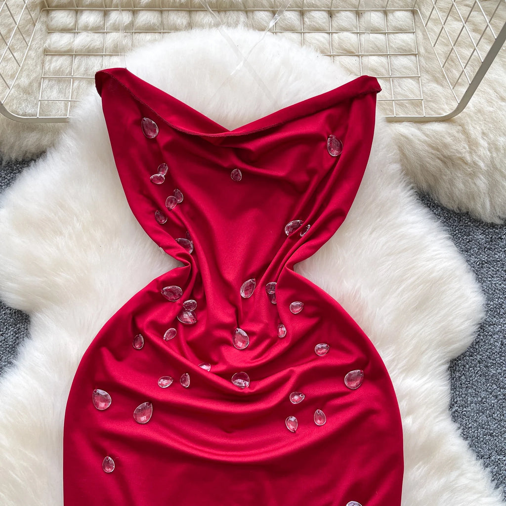 SINGREINY Fashion Beading Mini Sundress Transparent Sling Design Swinging Collar Hot Summer Ladies Sexy Backless Bodycon Dress