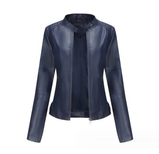 Slim Fit Biker Style Women's Leather Jacket Coat Thin Spring Autumn Stand Collar Long Sleeve Streetwear Trendy Fashion Outerwear
