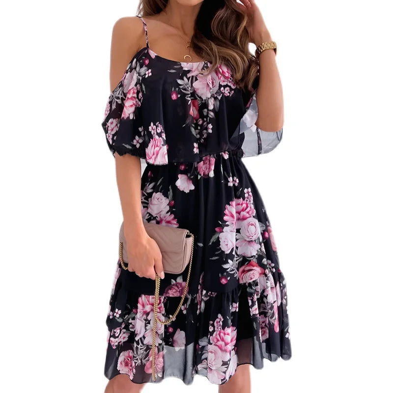 Sexy Off Schulter Floral Chiffon Mini Frauen Kleid 2022 Sommer Kurzarm Casual Weiß Rüschen Kleider Für Frauen Robe Femme