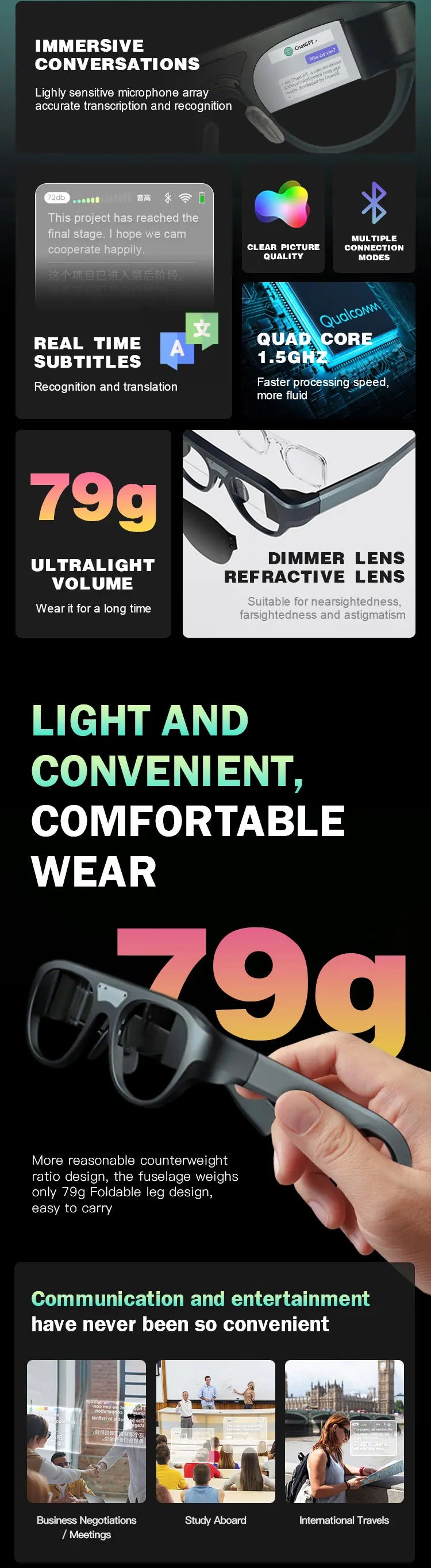 Virtual Reality Smart Glasses Multiple Languages Web Meeting Multifunctional Enhanced Hearing-Aid Instant Translation Ar Glasses