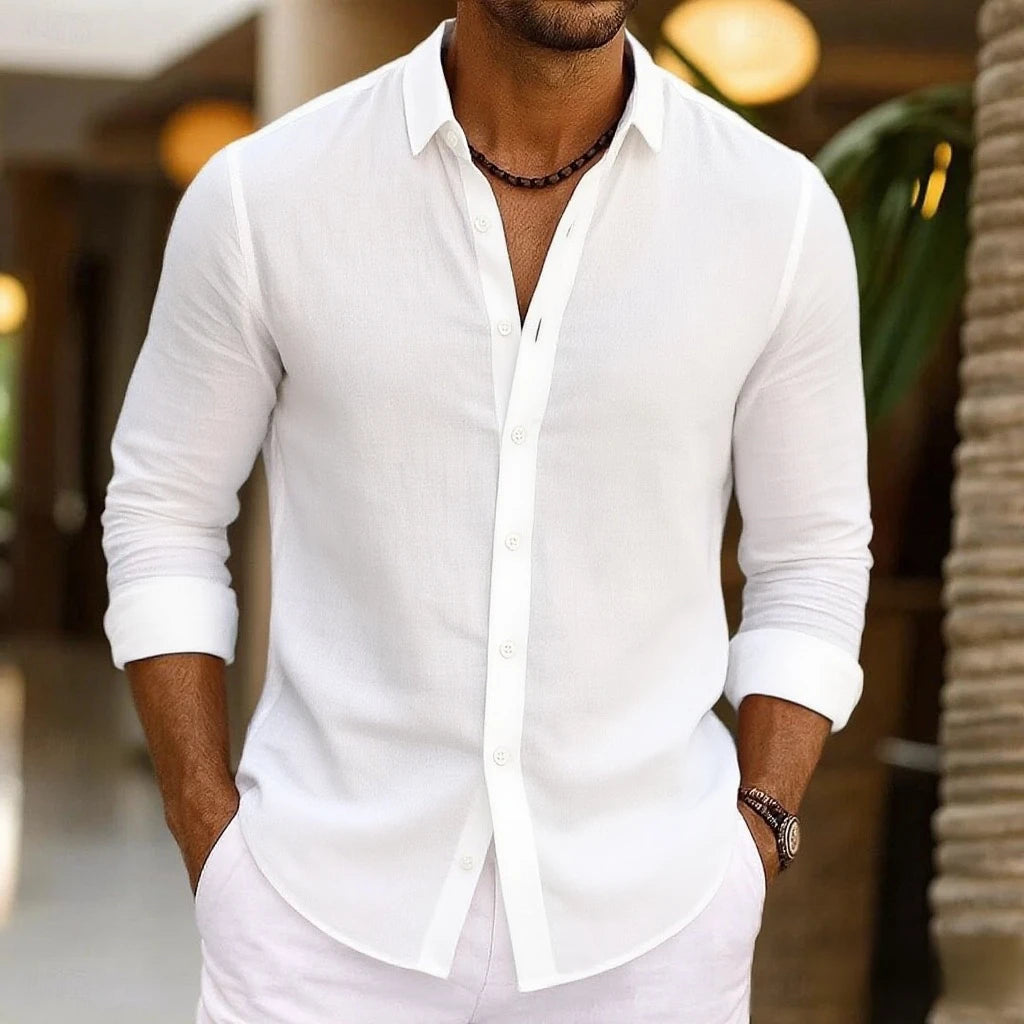 Herren Leinenhemd Sommer Beachwear Knopf Einfarbig Baumwolle Leinen Langarmhemd Urlaub Herrenbekleidung Schneller Versand