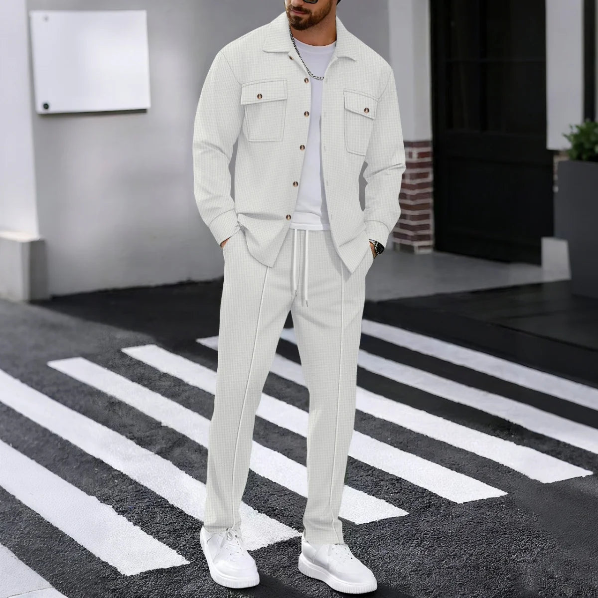Männer Frühling Herbst Casual Anzug Street Style Einfarbig Lose Gepolsterte Lange Ärmeln Zwei-Stück Set Modische Oberbekleidung anzug set