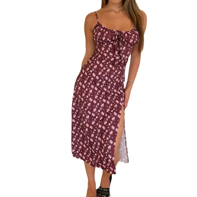 Elegantes Damen-Blumenkleid für Strandurlaub und Streetwear, Sexy Tief Ausgeschnittenes Strandparty-Kleid mit Schlitz, Schickes Bodycon-Kleid Ärmellos für Damen