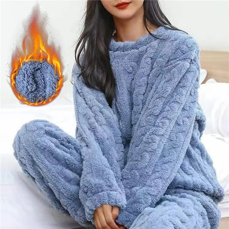 Winter Frauen Pyjamas Set Korallen Samt Flauschigen Homewear Verdickt Zwei Stück Loungewear O Neck Nachtwäsche Weiche Warme Freizeit Anzug