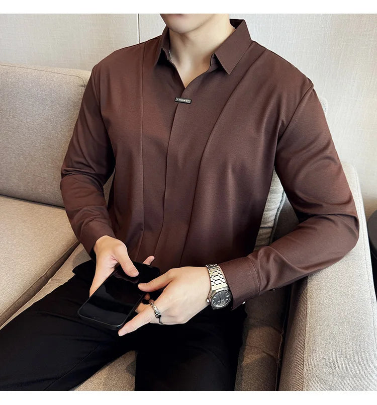 Herren-Poloshirt mit langen Ärmeln, 2026, Frühling, britischer Stil, einfarbig, elastisch, schmale Passform, T-Shirt, formelle Kleidung, Poloshirt, Herrenbekleidung