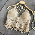 2024 sommer Sexy Strand Kurze Crop Top für Frauen Leichte Aushöhlen Häkeln Quasten Saum Halter Bhs Bustier mit Brust Pads