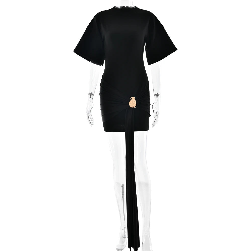 Apprabant Women Buckle Ruched Ribbon Mini Dress O-Neck Metal Short Sleeve Solid Color Silm Bodycon Short Dress Casual Partywear